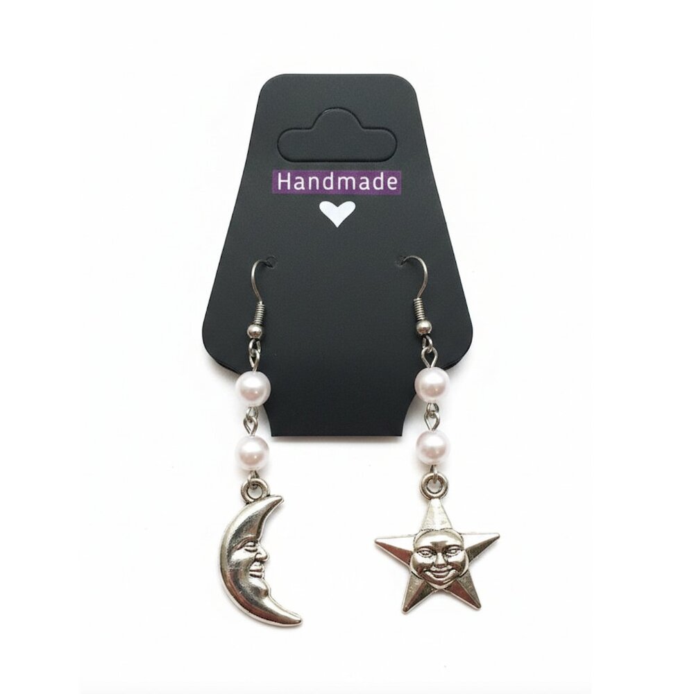 Earrings - Silver and white pearls Moon Star